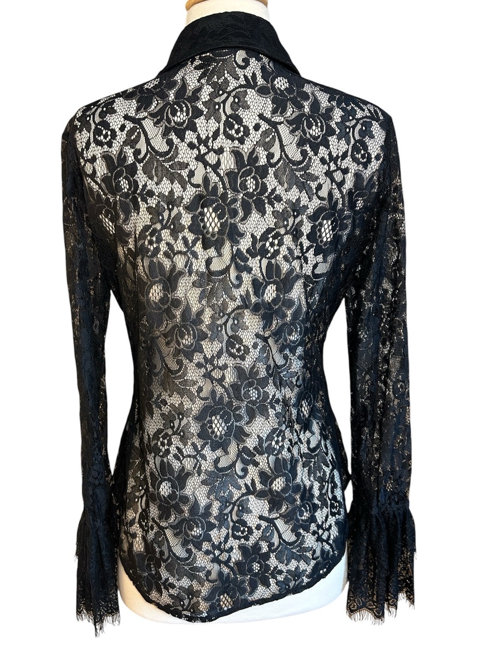 Tasha Polizzi Estate Black Sheer Lace Blouse dramatic bell cuffs Size Small - Picture 2 of 16